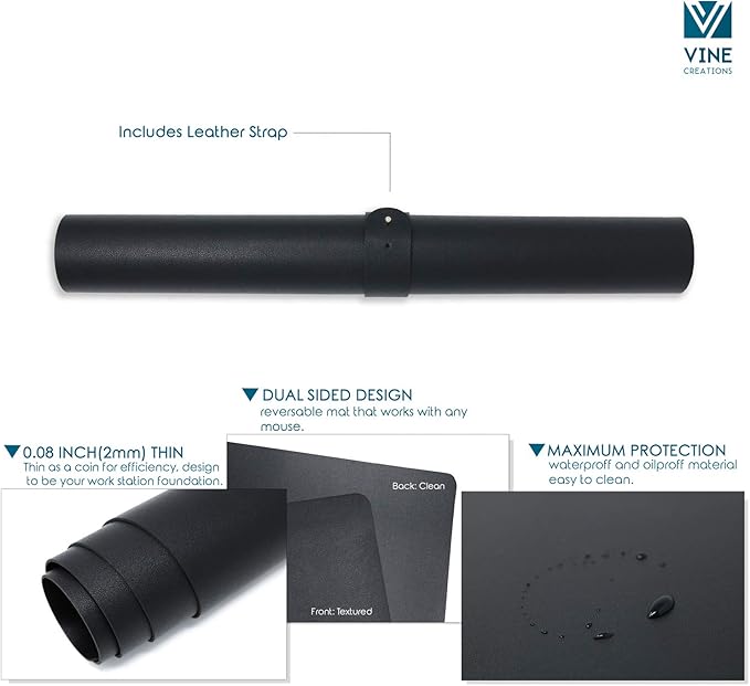 Vine Creations Leather Desk Mat 24" x 17", Desk Protector, PU Leather Desk Pad, Small Desk Pad Mat, Desk Blotter, Desk Pads on Top of Desks, Small Desk Mat for Home or Office (Black)