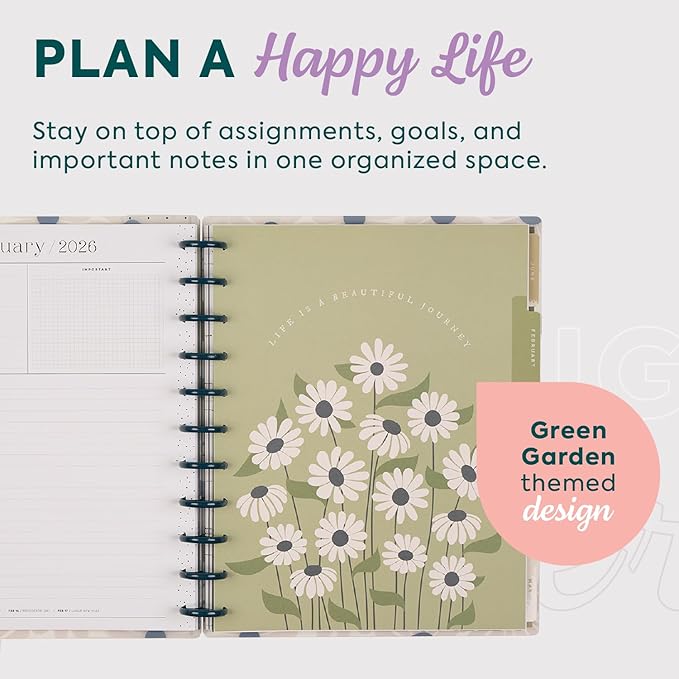 Happy Planner Disc-Bound Planner Jan.–Dec. 2026, Includes 3 Extra Months and 2 Sticker Sheets, Big Size, 8.5" x 11", Horizontal Layout, Green Garden