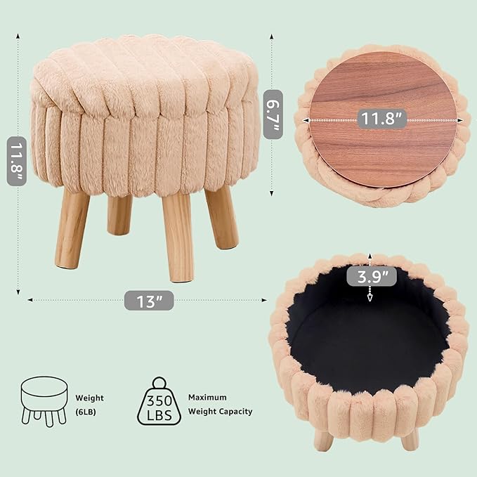 Wimarsbon Storage Ottoman,Soft Faux Fur Footstool with Padded Seat, Small Reading Vanity Chair, Footrest with Wood Tray for Couch, Mini Coffee Table or Display Stand (Beige, Round Storage)