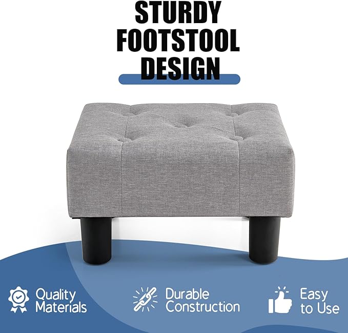 BRIAN & DANY Small Foot Stool, Linen Foot Stools with Legs, Stable Small Footstool for Living Room, Light Gray