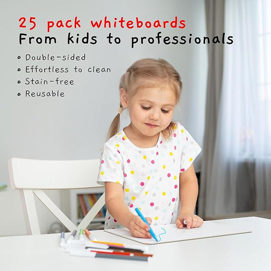 Dry Erase Board 9"x12"- Small 25 Classroom Mini White Boards for Students, Teachers | Double Sided Small White Board Bulk (25 Pk)