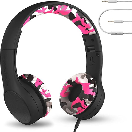LilGadgets Connect+ Style On-Ear Kids Headphones with Microphone - SharePort Technology, SoftTouch Padding, Detachable Cable, Noise Reduction, Durable & Adjustable - Pink Camo - Wired Headphones