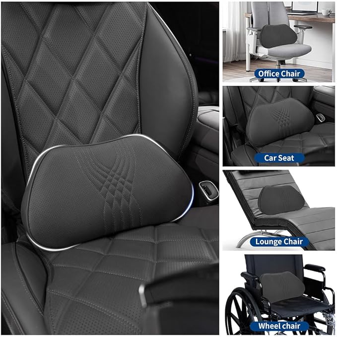 Lumbar Support Pillow for Car Seat, Office Chair Leather Memory Foam Lower Back Cushion for Back Pain Relief Improve Posture, Ergonomic Back Rest for Gaming Chair, Black, 1PC