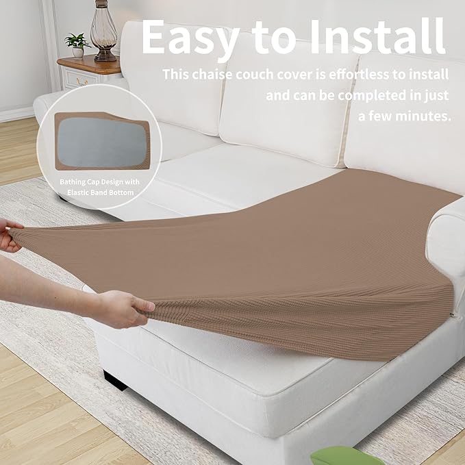 Easy-Going Stretch Sectional Couch Covers 1 Piece Chaise Lounge Slipcover L Shape Separate Cushion Couch Seat Chaise Cover for Both Left/Right Sectional Couch Camel