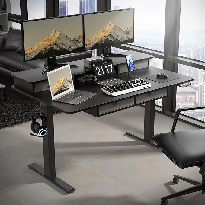 Electric Standing Widened Desk 63 * 30 Inches Adjustable Height with 4 Drawers, Double Storage Shelves Stand Up Desk, Home Office Workstation Sit Stand up Desk (Classical Black)