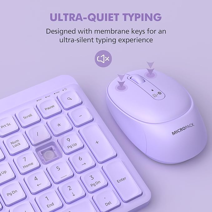 Purple Wireless Keyboard and Mouse Combo for Desktop Mac iPad Bluetooth 2.4 Ghz Rechargeable Slim Silent Click with Number Pad Compatible with Pc, Laptop, Tablet (Purple)