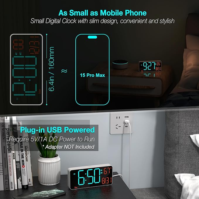 KOSUMOSU Small Digital Clock for Bedroom, 6.7in Desk Clock, Auto Dimming, Room Temperature, Day of The Week, Date, Seconds, Alarm Clocks for Bedrooms, Clocks for Living Room