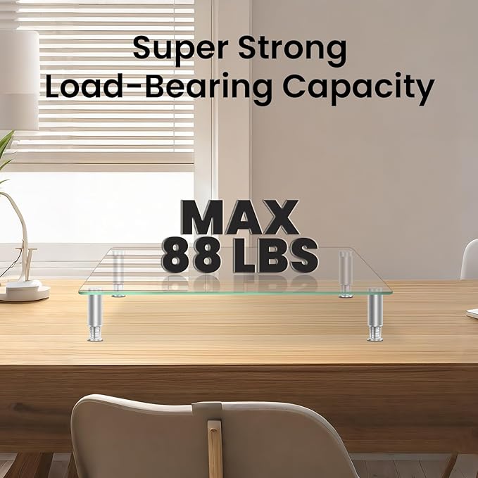 Tempered Glass Monitor Riser with Height Adjustable, Clear Computer Monitor Stand for Desk, Laptop TV, Desk Organization, 2Pcs, 15L x9.45W x3.75H Inches