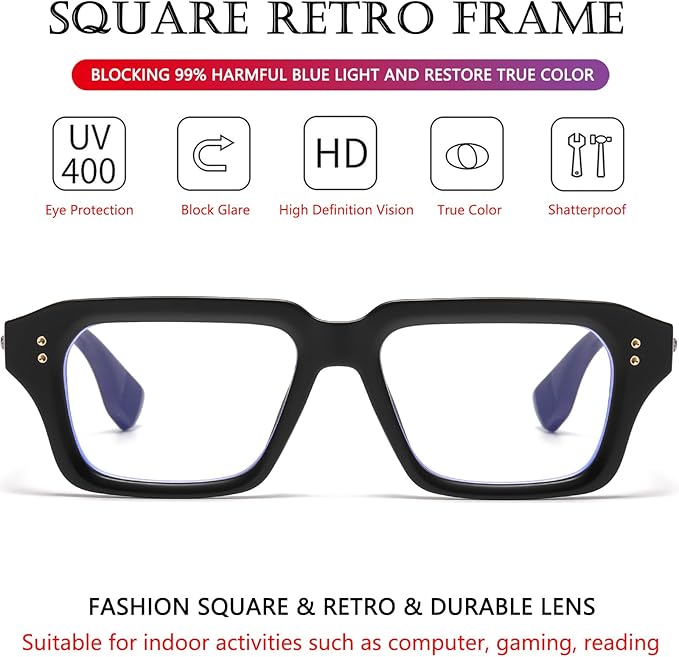 AIEYEZO Fashion Square Blue Light Glasses for Men Women Retro Thick Frame Blue Light Blocking Computer Glasses