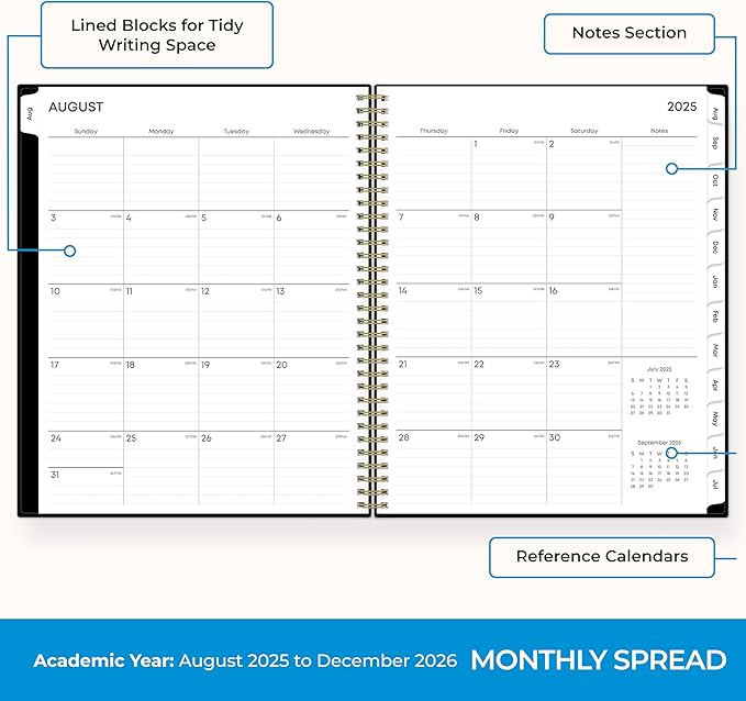 Blue Sky 2025-2026 Academic Year Weekly and Monthly Planner Calendar, August 2025 - December 2026, 17-Month, 8.5" x 11", Flexible Cover, Wirebound, Laminated Tabs, Black