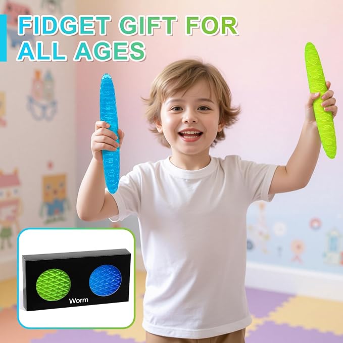Fidget Worm Toy - Fidget Toys Adults | Sensory Toys for Kids with Autism & ADHD | Fidgets for Kids & Teens | Calming Tools for Stress | 2-Pack Quiet Fidget Toys for Desk & Classroom (Green+Blue,Small)