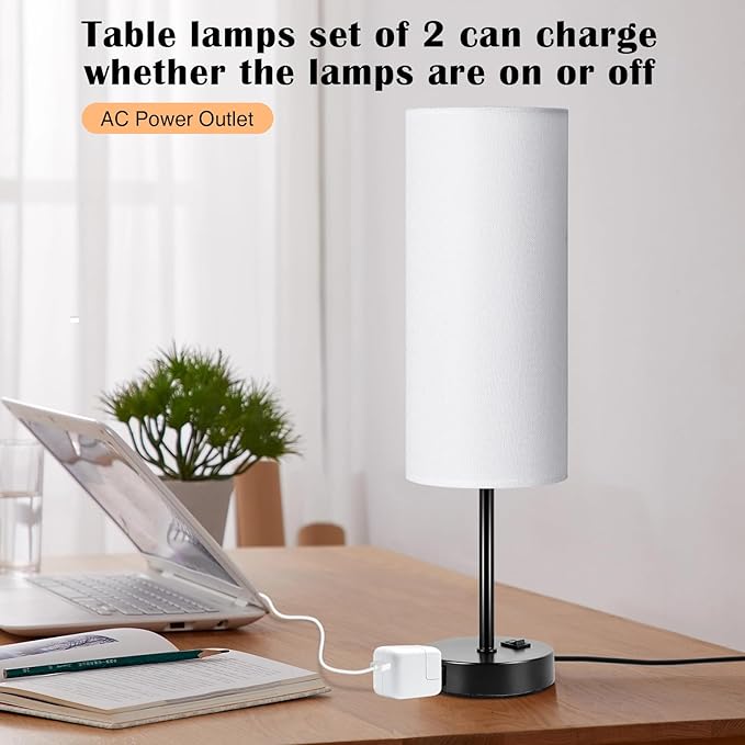 ZJOJO Table Lamp for Bedroom 2 Pack,18in Bedside Lamps with 3 Way Dimmable Rocker Switch & AC Outlet,Nightstand Desk Lamp with White Fabric Shade Black Basee for Living Room Home Decor Lights