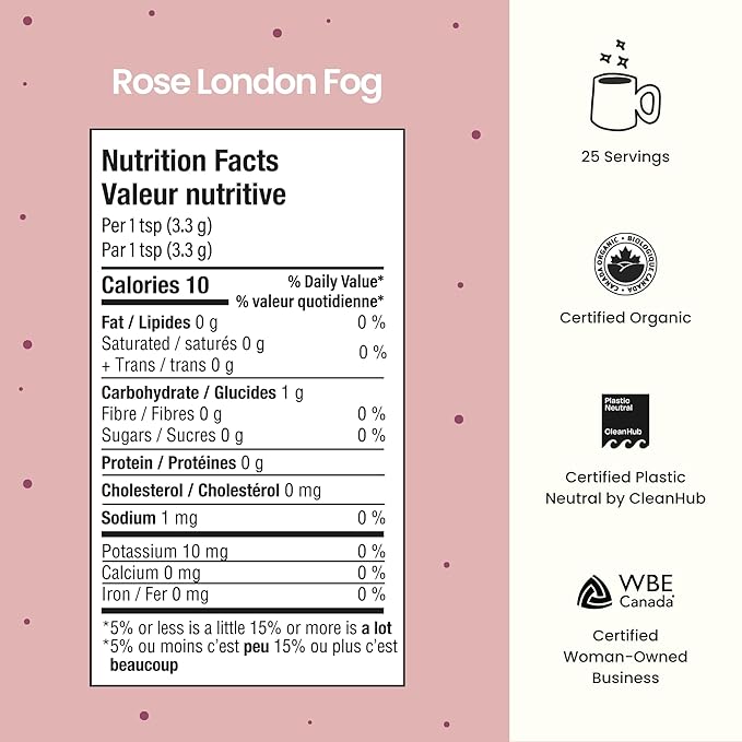 Blume Organic Rose London Fog Earl Grey Tea | Decaf Black Tea, Rose Petal Powder, Vanilla, Tart Cherry, and Bergamot | Plant Based Superfood Latte | Vegan Gluten Free Drink | 25 Servings