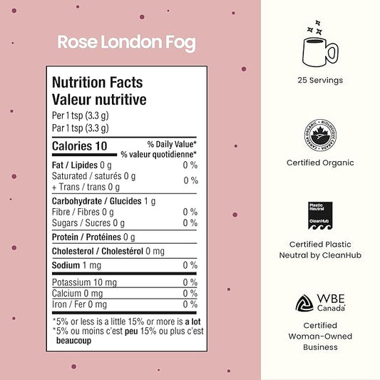 Blume Organic Rose London Fog Earl Grey Tea | Decaf Black Tea, Rose Petal Powder, Vanilla, Tart Cherry, and Bergamot | Plant Based Superfood Latte | Vegan Gluten Free Drink | 25 Servings