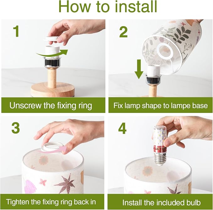 Pressed Flowers Table Lamp 5W LED 3Color Temperatures Dried Flower Bedside Lamp Linen Shade with Wood Base for Bedroom Living Room Desk Office