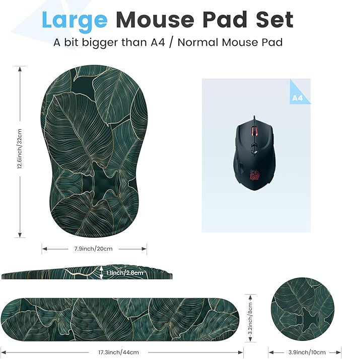 HAOCOO Ergonomic Mouse Pad with Wrist Rest and Keyboard Wrist Rest, 3 PCS Computer Carpal Tunnel Mouse Pads Set for Desk with Coaster, Memory Foam Mousepad Support for Office Laptop, Green Palm Leaves