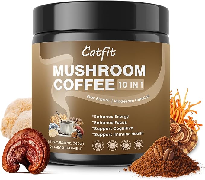 Mushroom Coffee,10 Adaptogenic Mushrooms With Oatmeal Powder MCT Oil, Hydrolyzed Collagen, Instant Coffee with Lion's Mane, Chaga, Cordyceps, L-Theanine for Energy, Focus, Digestion and Immunity, 160G