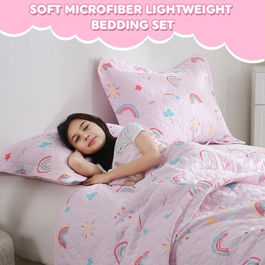 Pink Girls Rainbow Quilt Set Twin Size Kids Bedding Sets Lightweight Summer Bedspread Soft Microfiber Breathable Bed Comforter All-Season