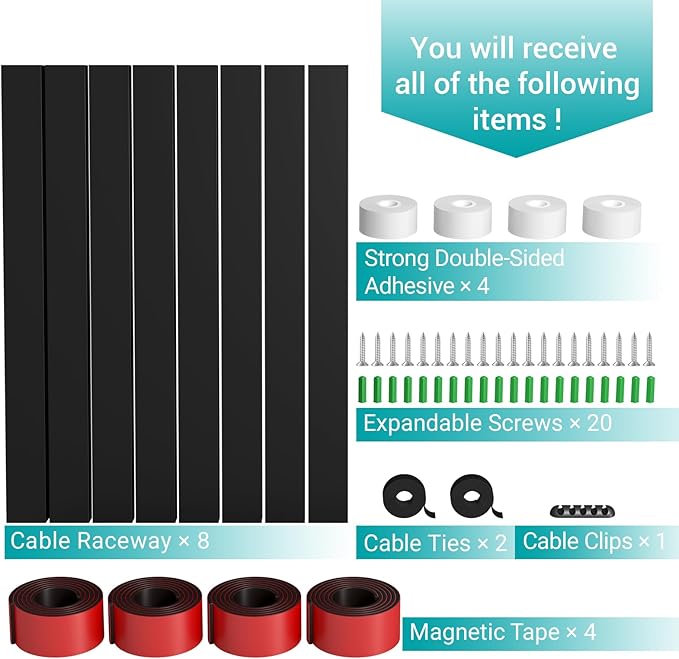 Cable Raceway - Magnetic Cable Management Under Desk with Upgraded Aesthetic Large Hole, Cord Organizer Kit for Hiding Computer, Gaming Desk, Network, Power Cord, TV - 8PCS 8x15.7in Black
