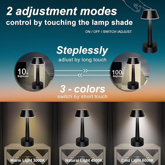 Egobasic Rechargeable Cordless Small Table Lamp Portable Battery Operated Touch 3 Way Dimmable Metal Bedside Night Light Lamps for Bedroom, Dining Room Patio Restaurant Bar Hotel (Black)