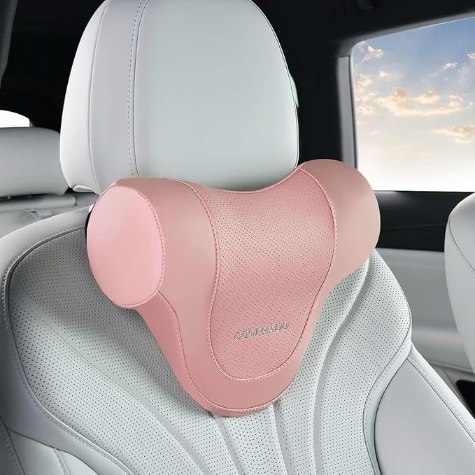 Coverado Car Headrest Pillow, Ergonomic Memory Foam Car Neck Pillow for Driving Seat with Adjustable Strap, Soft PU Leather Breathable Removable Cover Neck Support for Neck Pain Relief, Pink