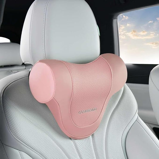 Coverado Car Headrest Pillow, Ergonomic Memory Foam Car Neck Pillow for Driving Seat with Adjustable Strap, Soft PU Leather Breathable Removable Cover Neck Support for Neck Pain Relief, Pink