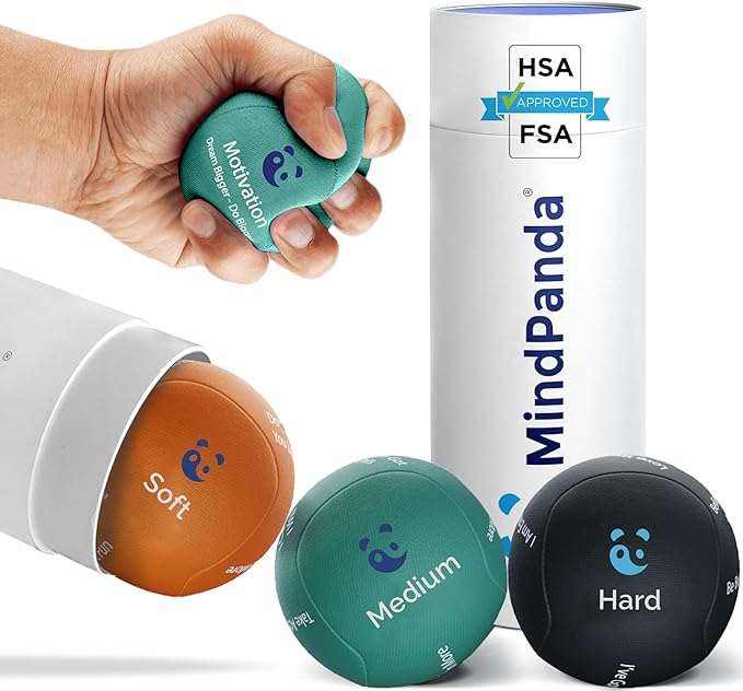 Mind & Body Stress Balls for Adults - Triple Density Squeeze Balls for Hand Therapy & Grip Strengthening - Stress & Anxiety Relief - Physical Therapy Support - Soft, Medium, Hard Gel Core