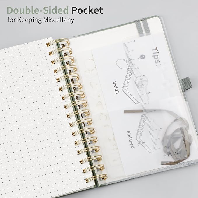 EMSHOI Bullet Dotted Journal Spiral Notebook - 300 Pages, A5 Hardcover Leather, 100 GSM Thick Dot Grid Notebook for Women Men Work Writing, Bullet Journaling, Drawing, 5.7" x 8.22", Light Green