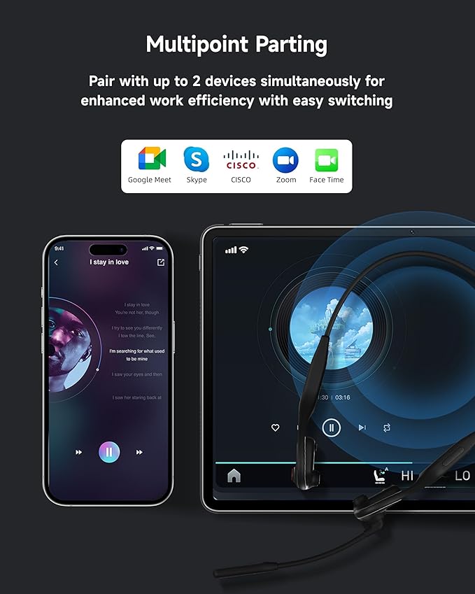 LOBKIN Open Ear Headphones with Mic, Bluetooth Headset with Noise Cancelling Microphone and Multipoint Connect, Wireless Bluetooth 5.3 Headset for Work Call Meeting Driving(Black)