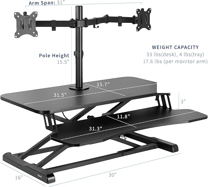 VIVO Height Adjustable 32 inch Standing Desk Converter with Dual 13 to 30 inch Monitor Stand, Sit Stand Monitor Mount and Desk Riser, Black, DESK-V000K-M2