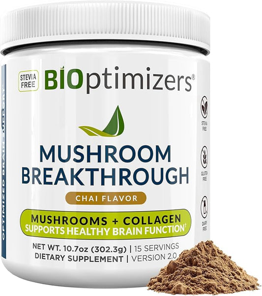 BIOptimizers Mushroom Coffee Alternative – Chai Drink – Lion’s Mane, Chaga, Reishi + Collagen Peptides for Focus, Energy & Gut Health – Adaptogenic Mushrooms & MCT Powder – 15 Servings