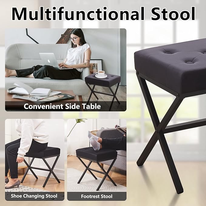 Wimarsbon Ottoman Foot Stool Tufted Vanity Stool Ottomans Thickened Cushion Footstool Mulifunctional Shoe Changing Seat Step Stools with Metal X Leg for Living Room Bedroom Velvet Black