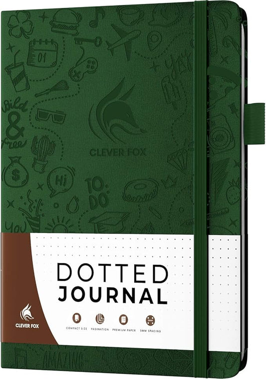 Clever Fox Dotted Journal 2.0 – Compact Planning and Sketching Dot Grid Notebook 120 GSM Thick, No-Bleed Paper – Planner with Pen Loop, Pocket, Ribbons, Stickers A5 - Forest Green