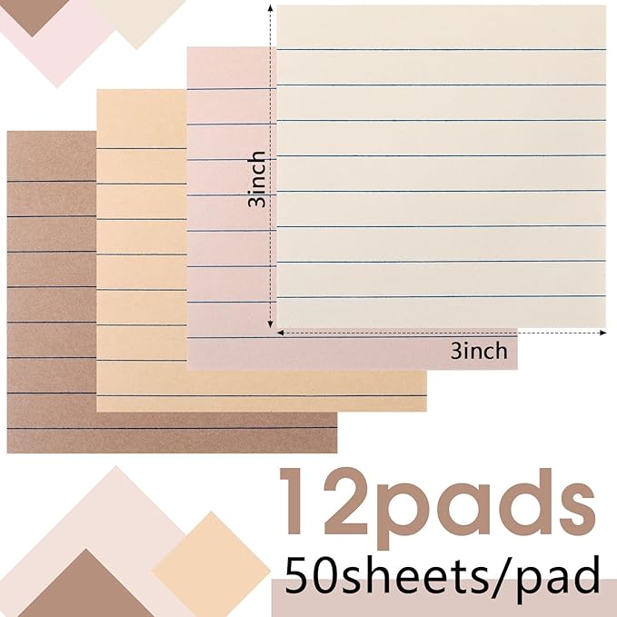 12 Pack Boho Color Lined Sticky Notes 3x3 Inch Post Ruled Stickies Super Self Stick Power Memo Pads Multi Colors Notes Pads Vintage Aesthetic School Office Supplies Accessories