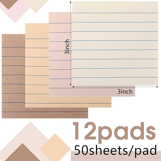 12 Pack Boho Color Lined Sticky Notes 3x3 Inch Post Ruled Stickies Super Self Stick Power Memo Pads Multi Colors Notes Pads Vintage Aesthetic School Office Supplies Accessories