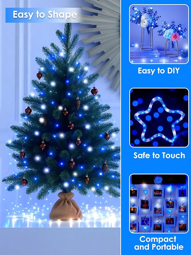 66Ft 200 LED Fairy Lights Plug in, Waterproof String Lights Outdoor & Indoor 8 Modes Christmas Lights Bedroom Decor, Timer Twinkle Light for Girl's Room Garden Party Christmas Decorations (Blue&White)