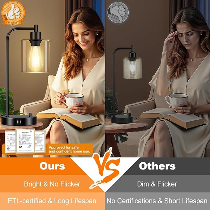 Industrial Table Lamp with 2 USB Charging Ports, Fully Stepless Dimmable Modern Nightstand Lamp, Glass Shade Bedside Desk Lamp for Bedroom Living Room Office, 8W 2700K LED Edison Bulb Included