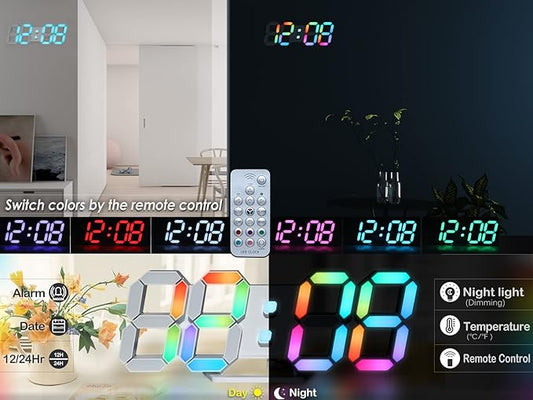 KOSUMOSU Wall Clock Neon Digital Clock 3D LED Desk Clock Large Display 9.7" RGB Clock Alarm Clock for Bedroom Living Room,Remote,Brightness Dimming, Date,Temp