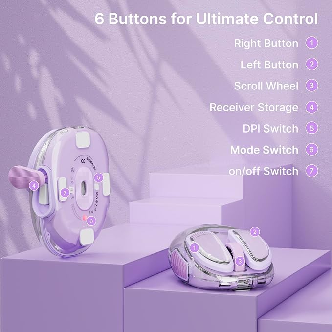 EWEADN Q9 Wireless Clear Mouse Dual Mode Bluetooth & 2.4G USB Computer Mouse with RGB Lighting, Silent Clicks, Multi-Device Compatibility for Laptop, PC, MacBook, iPad Cute Mouse-Purple