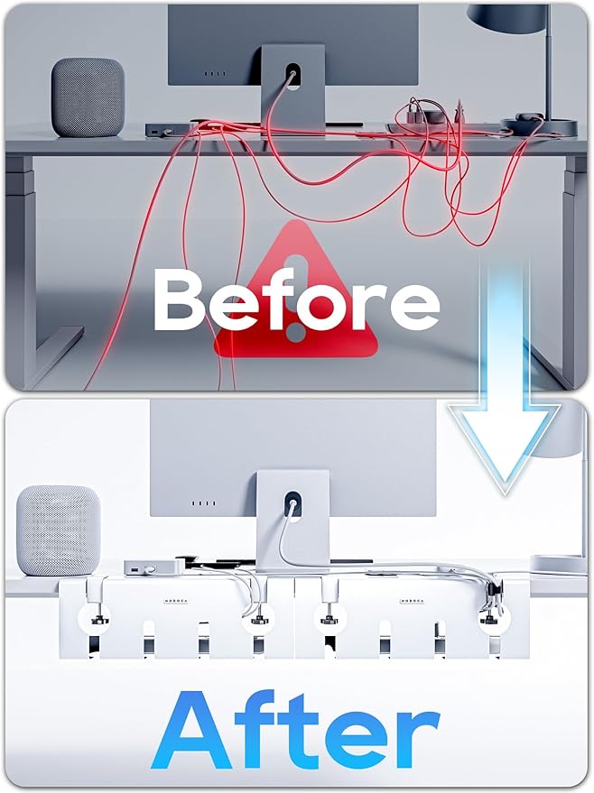 NodoCA No Drill Under Desk Cable Management Tray, 17'' Wire Management, Punch-Free Clamp On, Metal Cable Tray, Wire Organizer, Under Desk Basket for Office and Home, White