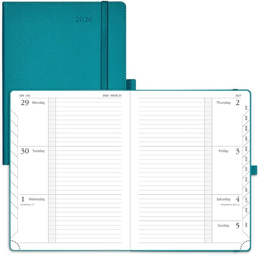 POPRUN 2026 Weekly Planner (Medium 6.75" x 8.75") 12 Months Calendar Notebook with Horizontal Layout, Leather Hardcover, Inner Pocket, 100GSM Thick Paper, Pen Holder - Pacific Green
