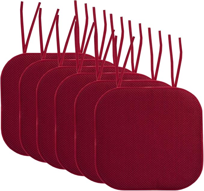 Sweet Home Collection Chair Cushion Memory Foam Pads with Ties Honeycomb Pattern Slip Non Skid Rubber Back Rounded Square 16" x 16" Seat Cover, 6 Pack, Wine Burgundy 6 Pack
