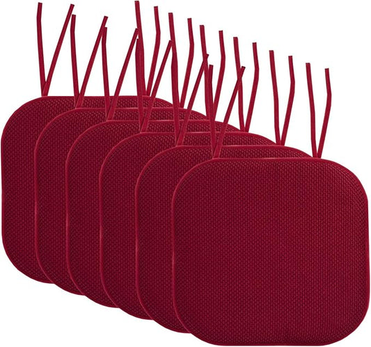 Sweet Home Collection Chair Cushion Memory Foam Pads with Ties Honeycomb Pattern Slip Non Skid Rubber Back Rounded Square 16" x 16" Seat Cover, 6 Pack, Wine Burgundy 6 Pack