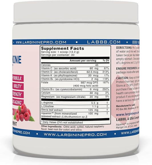 L-ARGININE PRO | 5,500mg L-Arginine Plus L-Citrulline 1,100mg Raspberry Powder Drink Mix Supplement for Increased Nitric Oxide Production