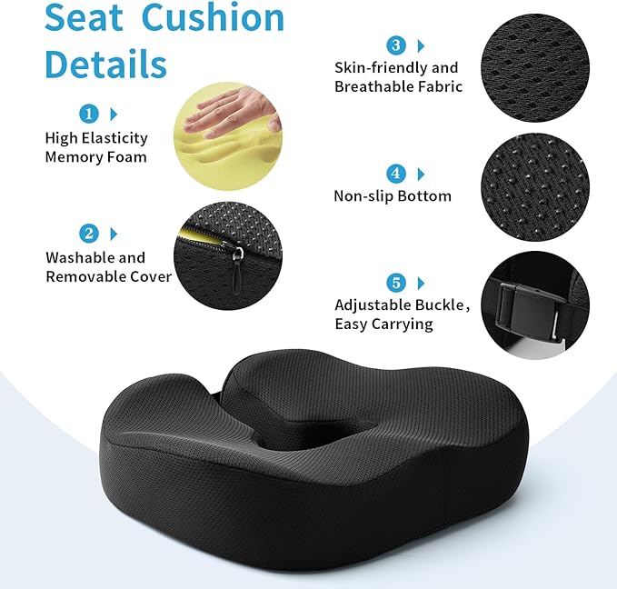 Orthopedic Memory Foam Seat Cushion - Donut Pillow for Tailbone Pain Relief, Sciatica, Hemorrhoids & Postpartum - Office Chair, Car & Home Cushion for Back & Coccyx Support (Black)
