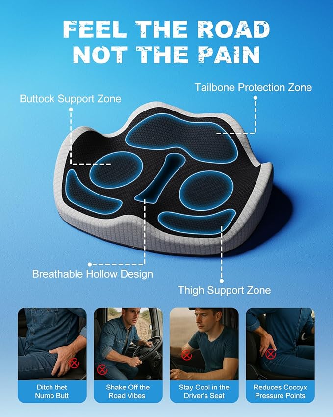 Memory Foam Truck Seat Cushion with TPE Gel Support, Truck Seat Cushion with Non-Slip Washable Cover for Back Support & Pain Relief During Long Drives(Black&Gray)