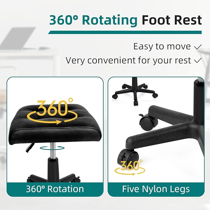 Real Leather Tall Foot Stool, Adjustable Leg Rest Ottoman Footrest with Wheels & Thick Padding, Ergonomic Footrest for Office & Gaming Chairs - Height 14.6-19.6 Inch, Lockable 360-Degree Casters