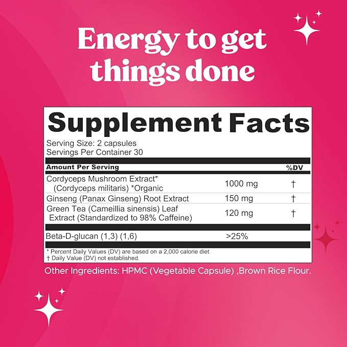 Super Bouncy - Mushroom Supplement - Cordyceps Mushrooms, Green Tea, Ginseng - Energy and Focus (60 Capsules)