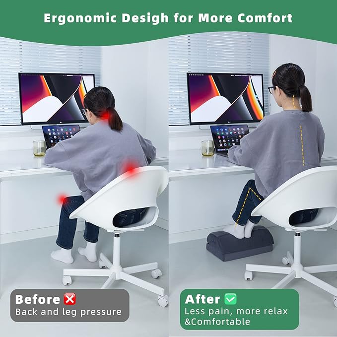 Footrest for Under Desk Ergonomic Comfortable Foot Stool with 2 Adjustable Heights, Suitable for Office, Home Car Foot Rest, Grey