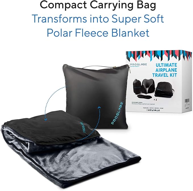 Proglobe Travel Blanket Luxury Travel Set - Ergonomic Airplane Neck Pillow 100% Pure Memory Foam and Super Soft Fleece Blanket - Premium 3D Sleep Mask & Earplugs - Ultimate 4-in-1 Traveling Kit Black